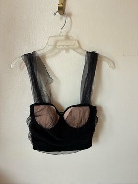 Michael Costello REVOLVE Tulle Strap Corset Bustier Crop Top Black Tan Nude SZ S